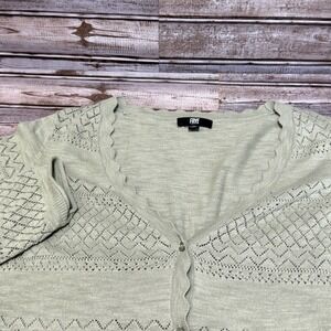 Frye Cardigan Sweater Womens Medium Sage Green Pointelle‎ Knit Scalloped V-Neck
